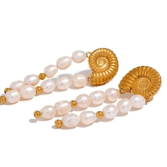 Freshwater Pearl 18K Gold Stainless Steel Waterproof Tassel Shell Earrings - Picture 8 of 15